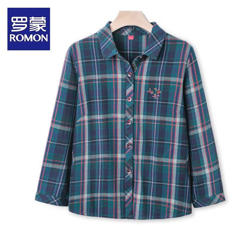 ROMON Mid-Aged Women s Pure Cotton Plaid Long Sleeve Shirt L