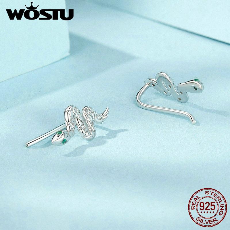 WOSTU 925 Sterling Silver Vintage Snake Ear Cuffs Ear Clip Earrings Shiny CZ Animal Ear Studs Party Wedding Jewelry Punk Gift