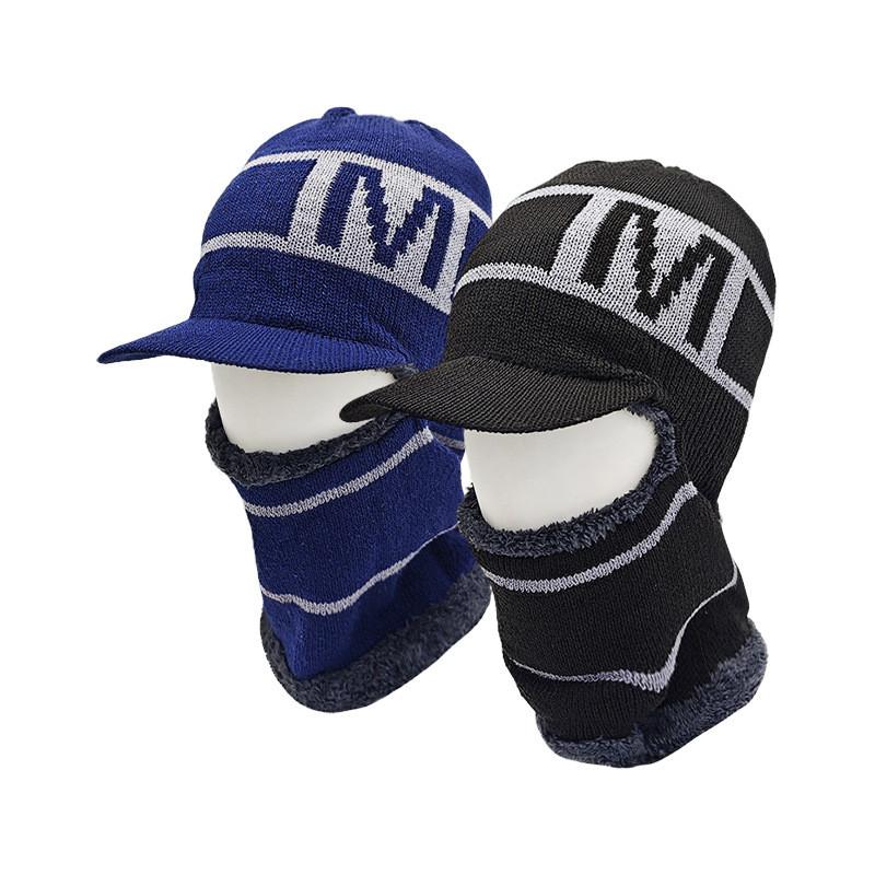 M Pullover Letter Knitted Beanie Winter Warm Unisex Hat One Piece Mask Cap Gift