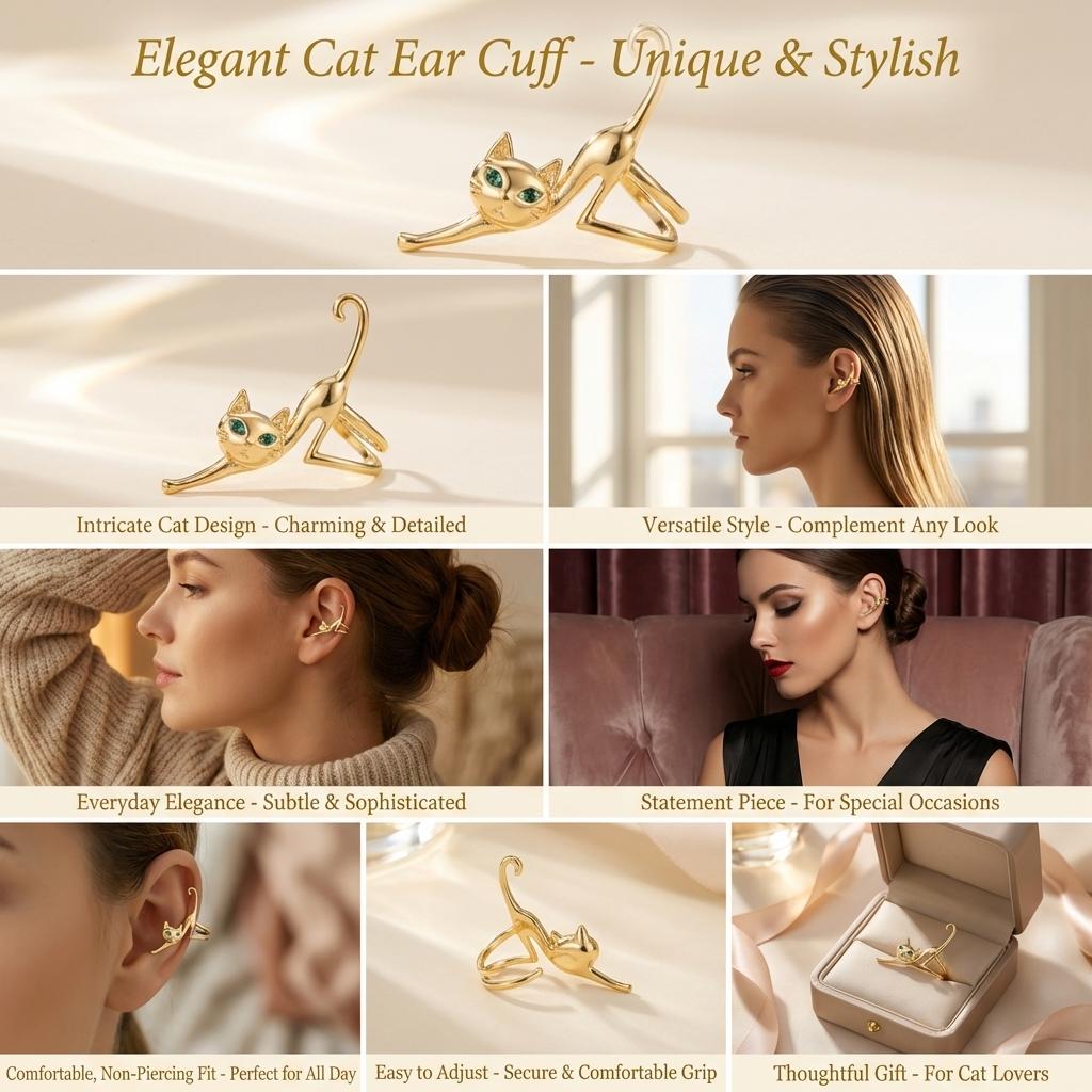 1 Stück Süße Grüne Augen Katzenohr Manschette Ohne Piercing Clip-On Ohrringe für Damen Mode Kristallaugen Knorpelohrring Mädchen Party Schmuck