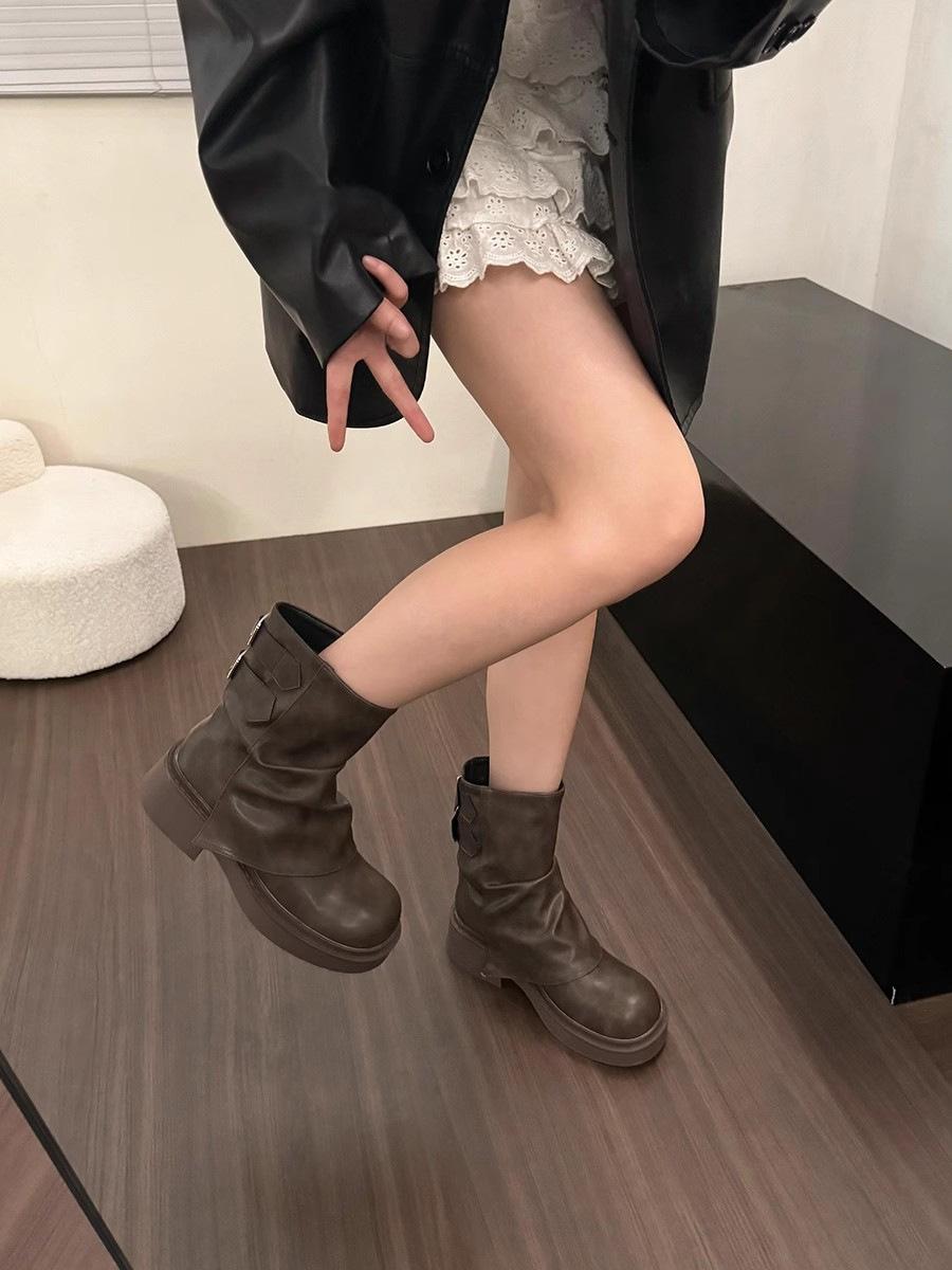 

British Street Spice Girl Trend Pleated Sleeve Stacking Pants Tube Boots 2025 New Pull Cool Muffin Thick-soled Fashion Boots 35