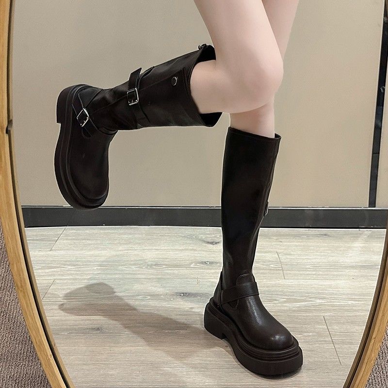 Thick heel thick sole thin elastic boots boots women's 2025 new autumn and winter brown small tall knight boots