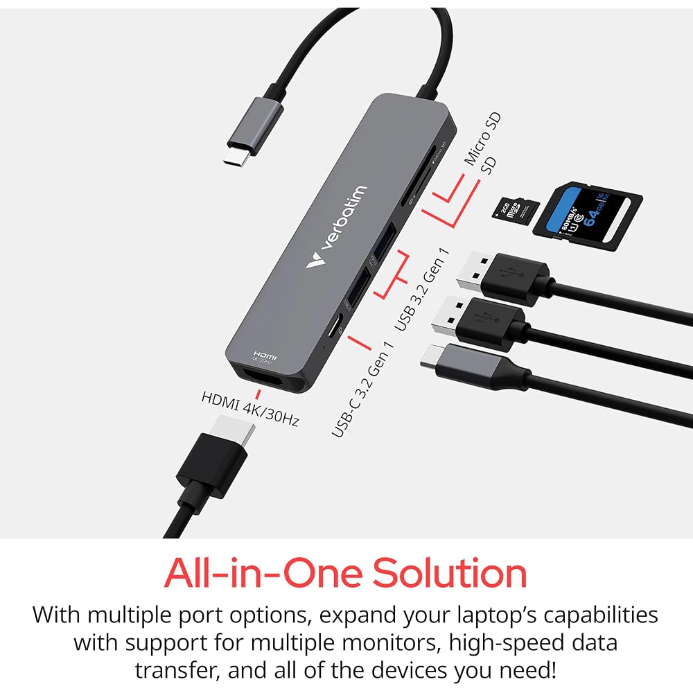 Verbatim USB-C Essentials Multiport Hub - 6 Ports: (1) USB-A 2.0, (1) USB-A 3.0/3.2 Gen 1, (1) USB-C 3.0/3.2 Gen 1, SD and Micro SD Card Slots with 4K