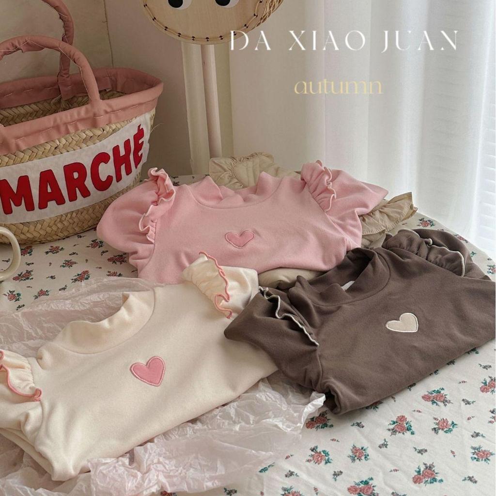 Girls' Puff Sleeve Heart Print T-shirt – Autumn/Winter Princess Top with Half High Collar, Korean Style. Available in Small and Large Sizes.