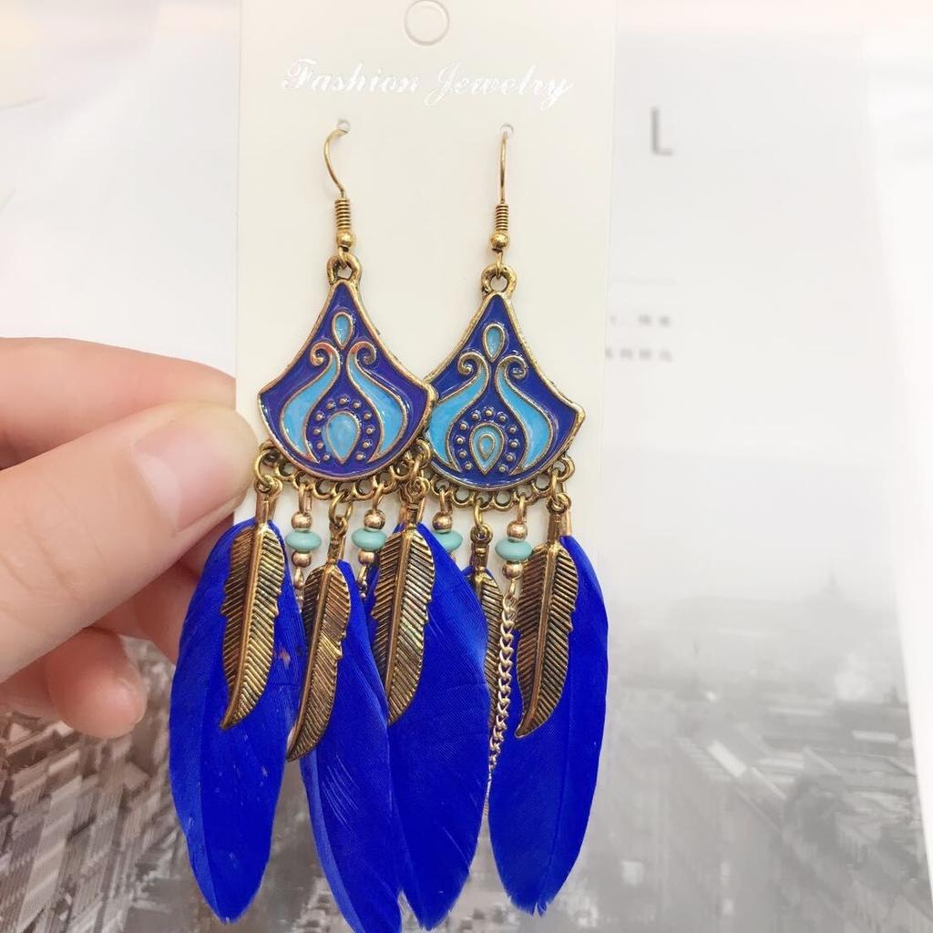 Vintage Bohemian Feather Tassel Earrings Exaggerated Ethnic Vacation Dangle Ear Jewelry Fashion Accessories For Women