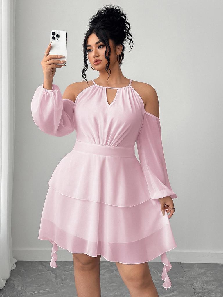 European & American Plus Size Off-the-Shoulder Ruffle Dress with Sweetheart Neckline and Lantern Sleeves