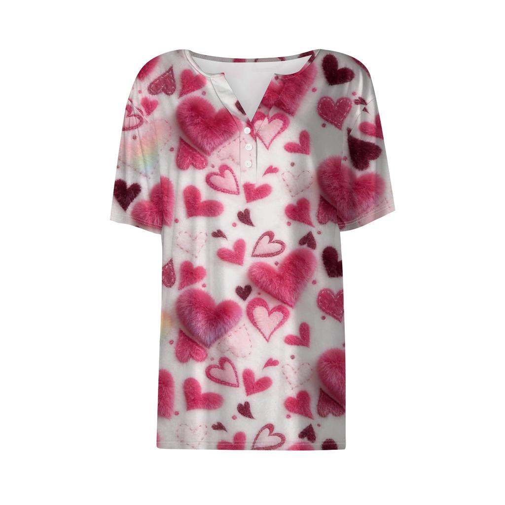 Women's Fashion Casual V,Neck Short,Sleeve T,Shirt With Decorative Buttons And Valentine's Day Print Top