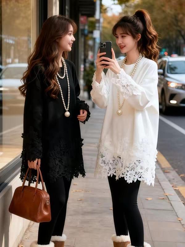 Plus-Size Women's Lace Spliced Mid-Length Sweatshirt: New Long-Sleeved Base Layer for Spring and Autumn, Belly-Covering Design