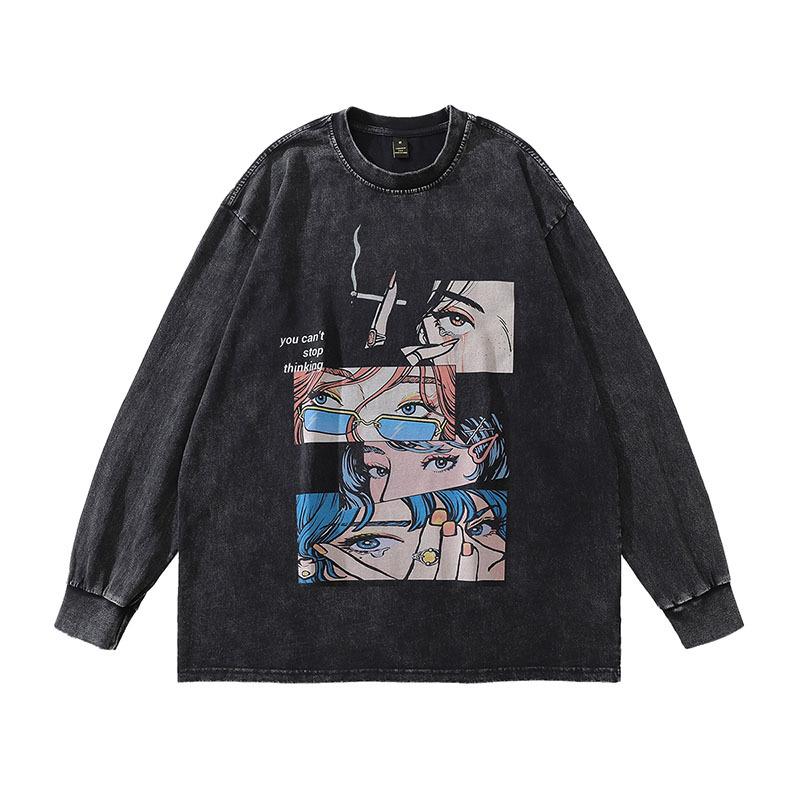 Autumn New American Vintage Hip-Hop Trendy Brand Cartoon Printing Casual Loose Couple Long-Sleeved T-Shirt Men And Women