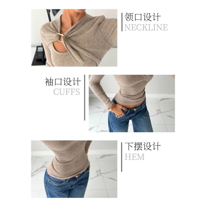 Women S Long Sleeve Knit Top With Irregular Neck Metal Buckle Decor Solid Color