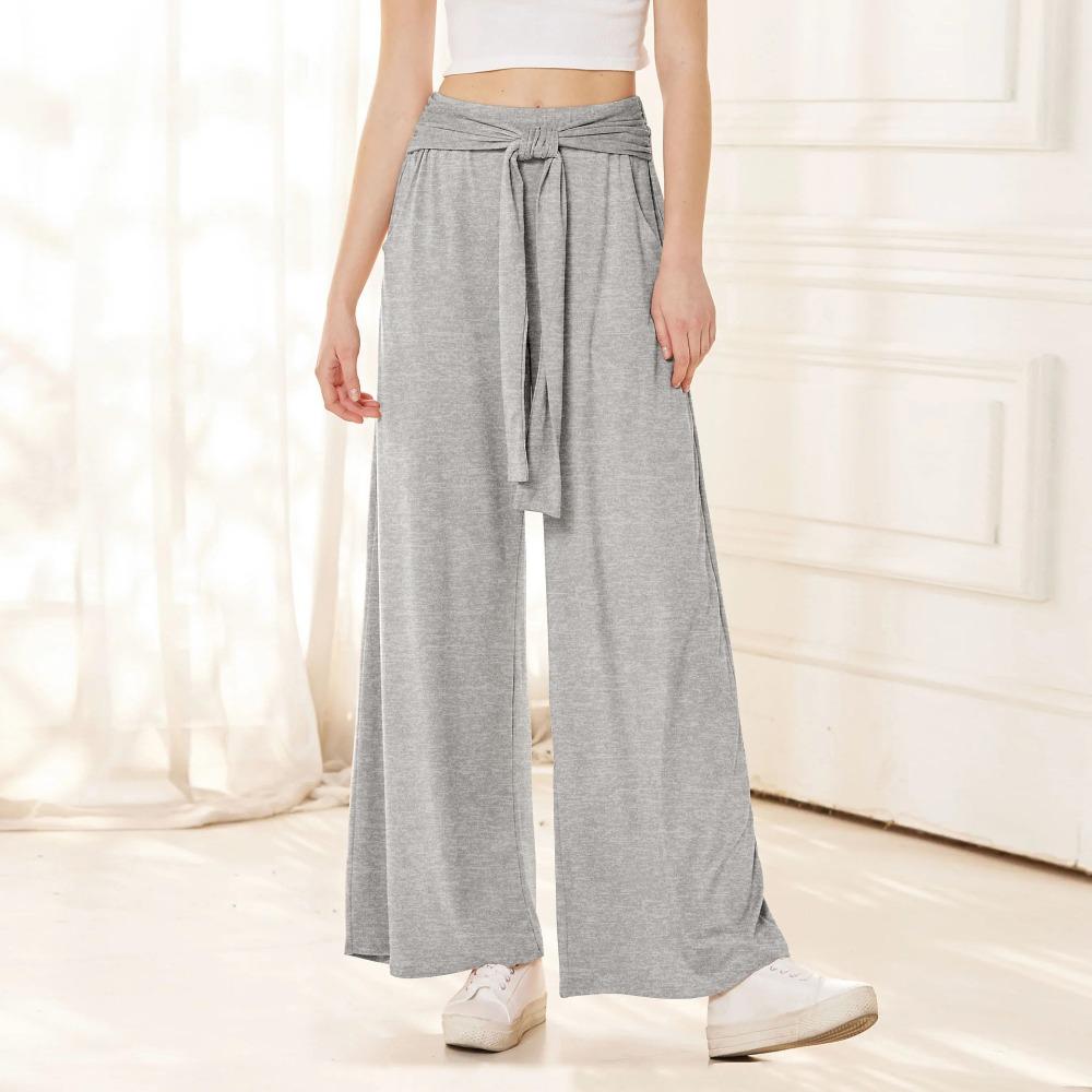 Women's Elastic High Waist Self Tie Belt Solid Color Wide Leg Long Pants Soft Casual Loose Trousers For Summer Daily Yoga Wear