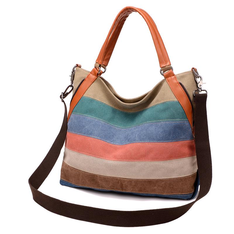 Canvas Shoulder Bag Ladies Handbag Contrast Color Bag Striped Fashion Retro Large-capacity One-shoulder Messenger Bag