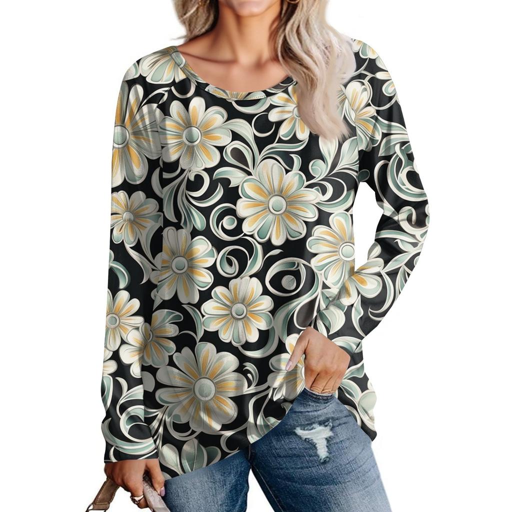Women's Fashion Casual Long Sleeve  Print Round Neck Pullover Top Blouse