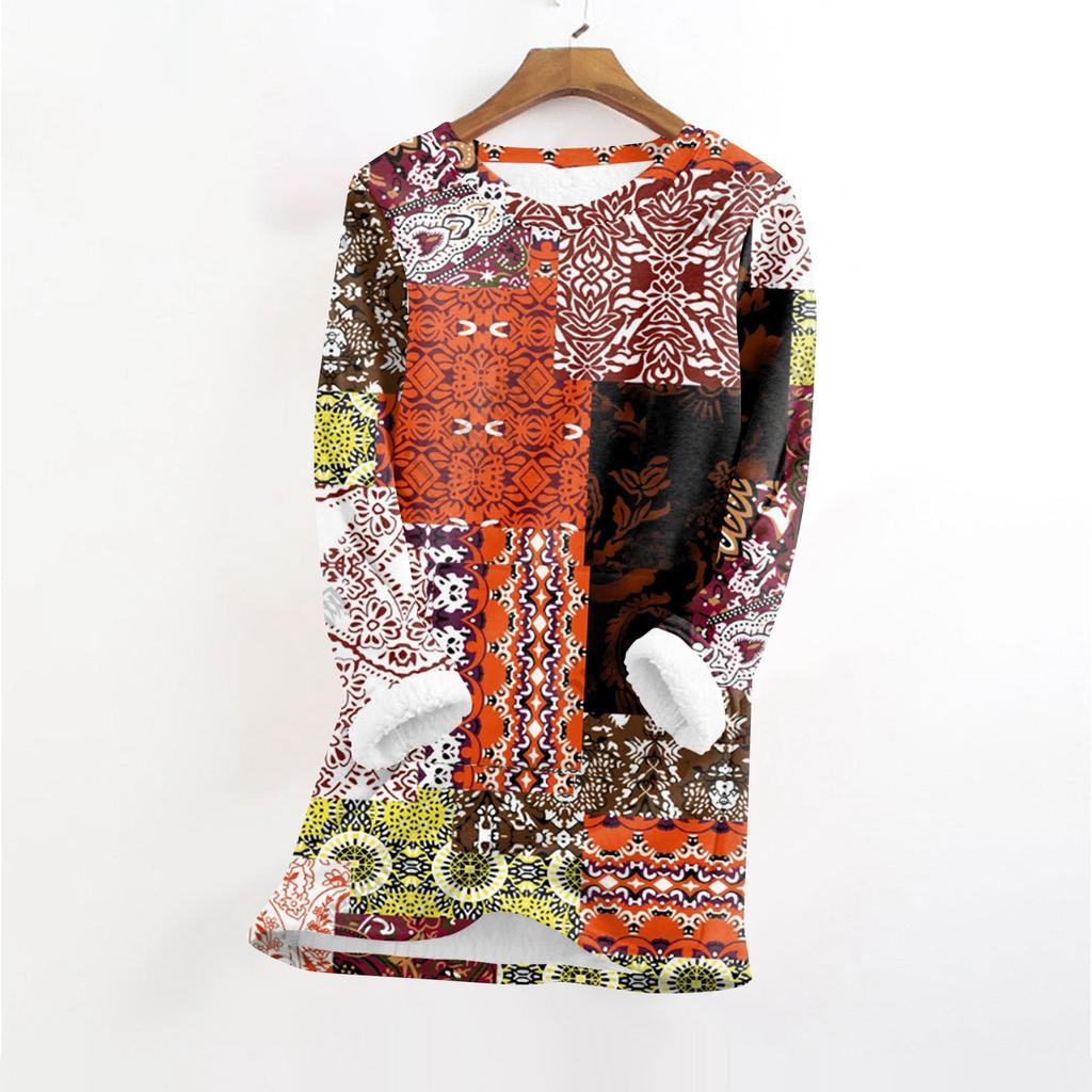 Haut pull-over chaud en peluche à manches longues et col rond imprimé tendance pour femmes
