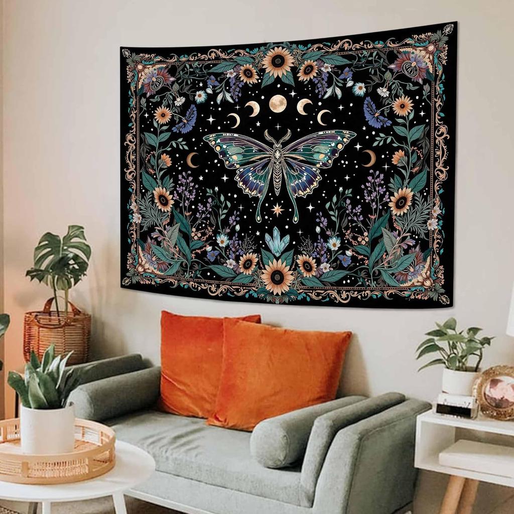 Faxdong Boho Green Butterfly Tapestry, Aesthetic Triple Moon and Sunflowers Crystal Tapestries, Moth Mystic Decor for Bedroom Living Room