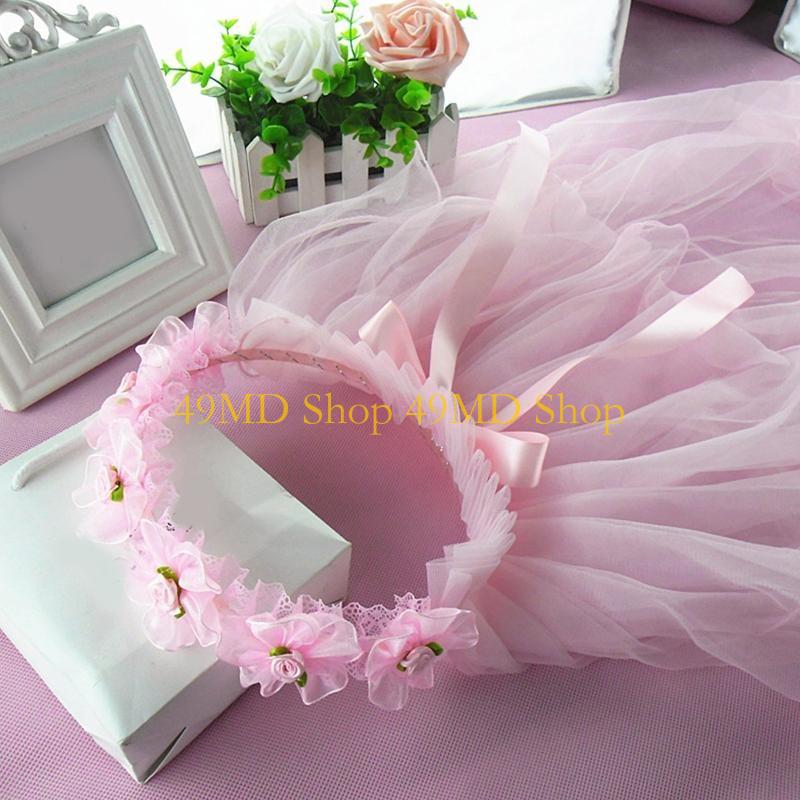

49MD Romantic Wedding Flower Girls Veil Pleated Flower Crown Girls Bride Veil Long Tulle Veil Wedding Hair Supplies for Girl
