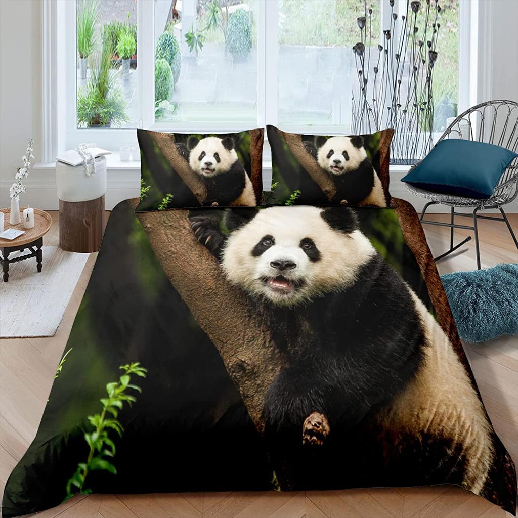 Cartoon Panda Duvet Cover Set Cute Kawaii Wild Animals Comforter Cover King Queen Size Bedding Set With Pillowcase For Kids Girl