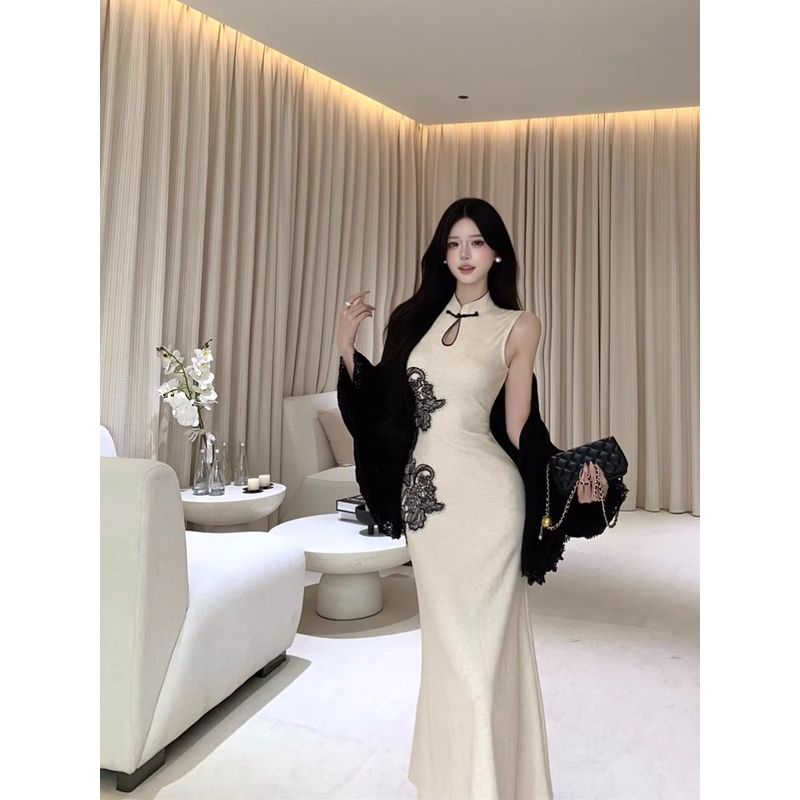 Kumikumi New Chinese Style Suit Lace Lace Inverness Women's Autumn Cut Out Stand Collar Cheongsam Dress Two-piece Set