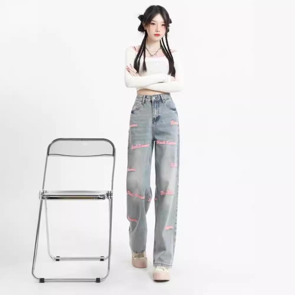 American High Street Hot Girl Embroidered Wide Leg Jeans Women's New High Waist Retro Loose Draggle-Tail Straight Trousers
