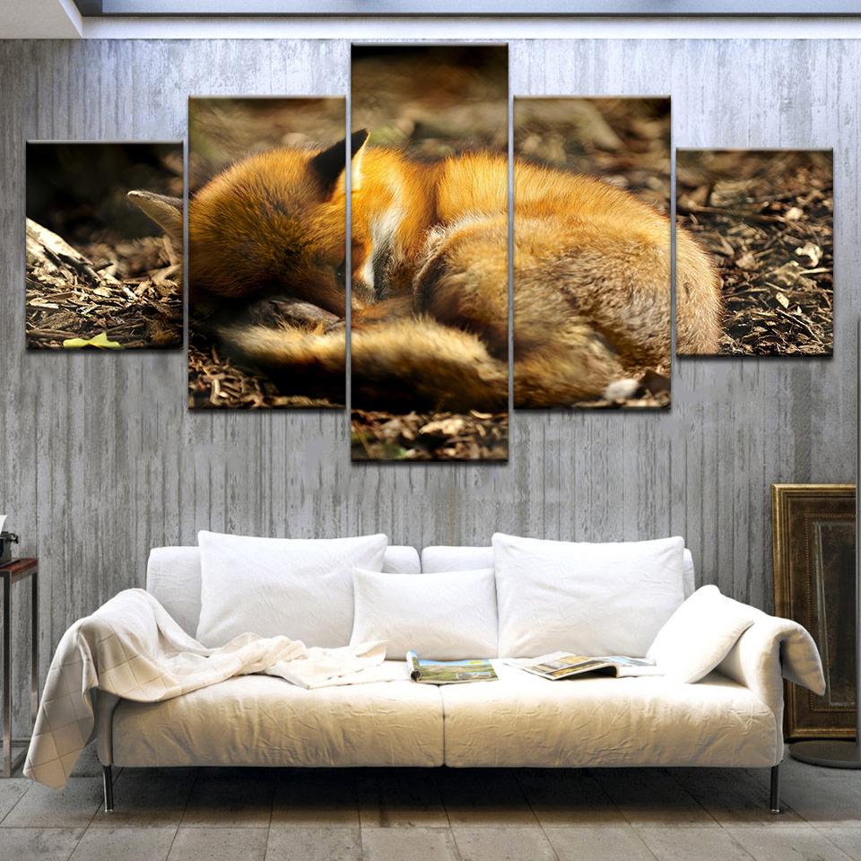 Wall Art 5 Pieces Sleeping Fox Pictures Forest Animal Poster Modular Canvas Prints Painting Framework Living Room Home Decor No Frame