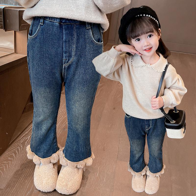 Autumn Winter Kids Girls Plush Jeans Denim Stylish Thickened Plus Velvet Toddler Girls Flared Pants Children Girls Trousers