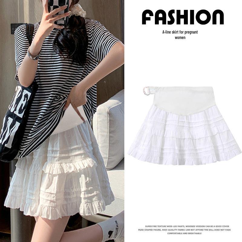 High Waist Maternity Ruffle A-line Skirt - Tummy Support, Flared Summer Style Medium белый