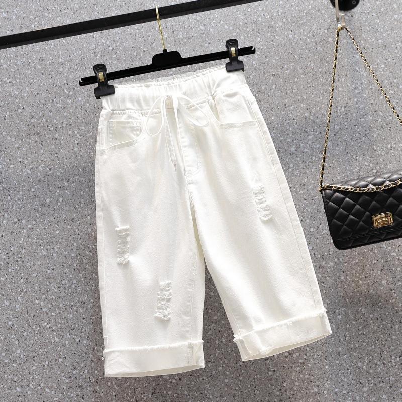 

Women s Spring and Summer Solid-coloured Plus-size Belted High-waisted Elastic Waist Trousers Stretchy Holes Straight Five-minute Jeans 5XL