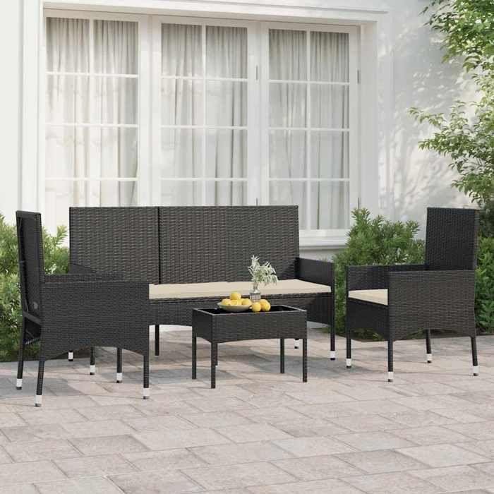 VidaXL Salon de jardin 4 pcs avec coussins Noir Résine tressée, ensemble de salon d'extérieur, ensemble de mobilier 319500