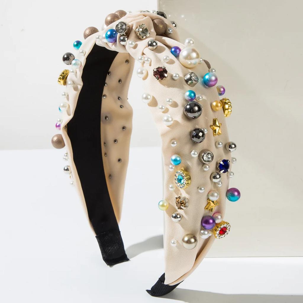 European and American Fabric Knotting Heavy Industry Nails Pearl Color High-quality Headband Versatile Hair Accessories