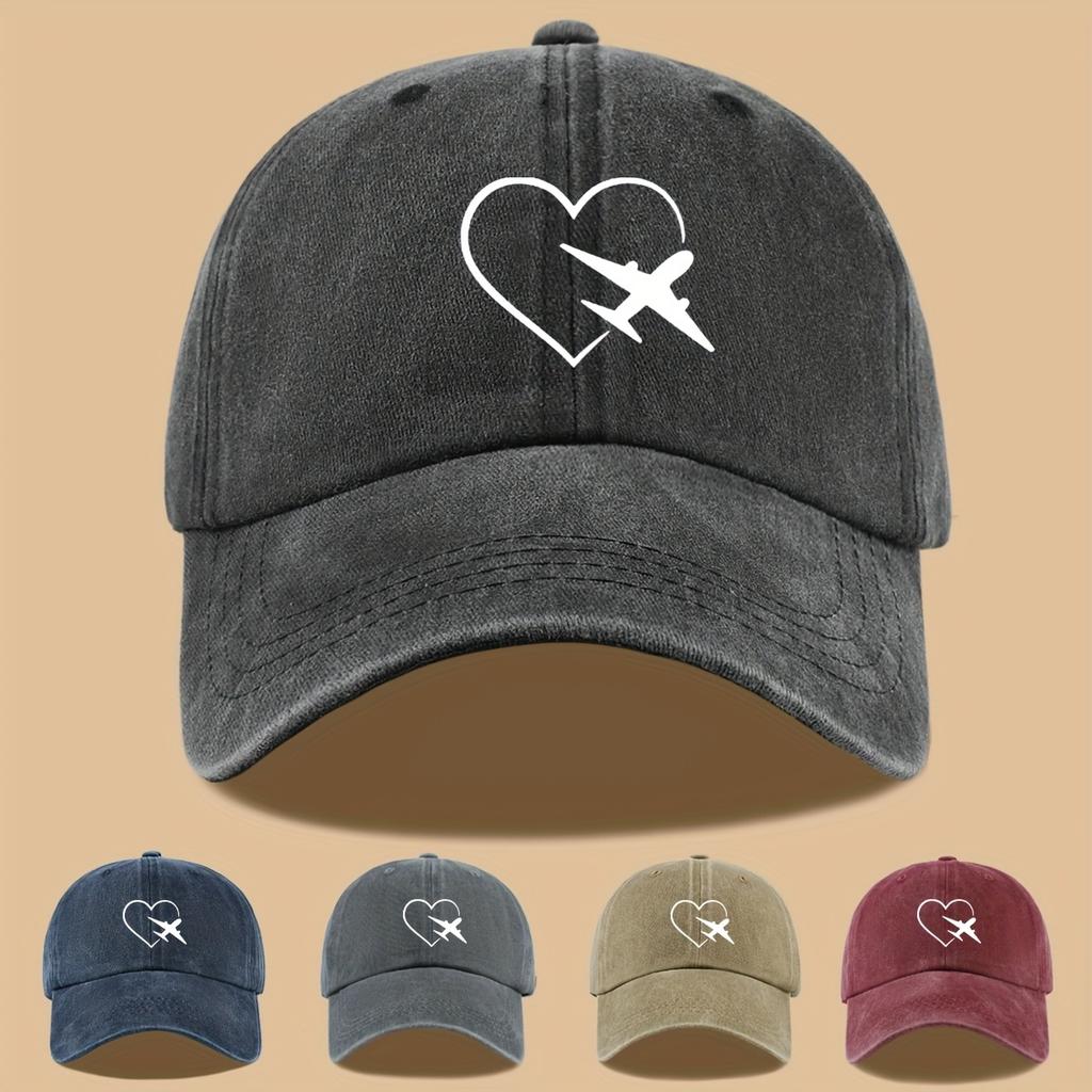 Heart & Plane Print Hip-Hop Dad Hat Adjustable Washable Baseball Cap Outdoor Adventure Cycling Sun Protection Hat