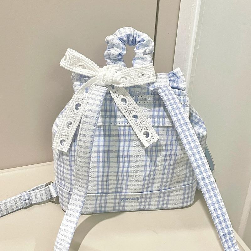 Blue lace plaid backpack women's  new sweet ruffle edge backpack college style commuter bag