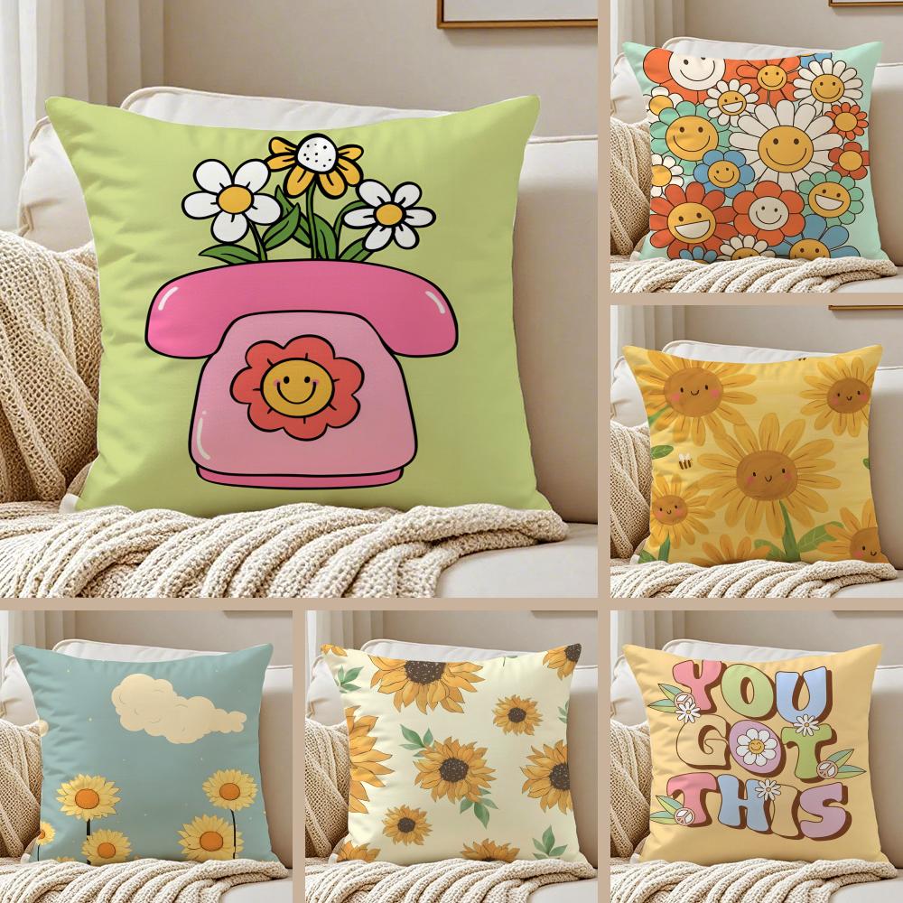 Cute Cartoon Sunfloweres Childlike Art Cushion Cover Pillowcase Antidustmite Living Room Sofa Decor Cushion Room