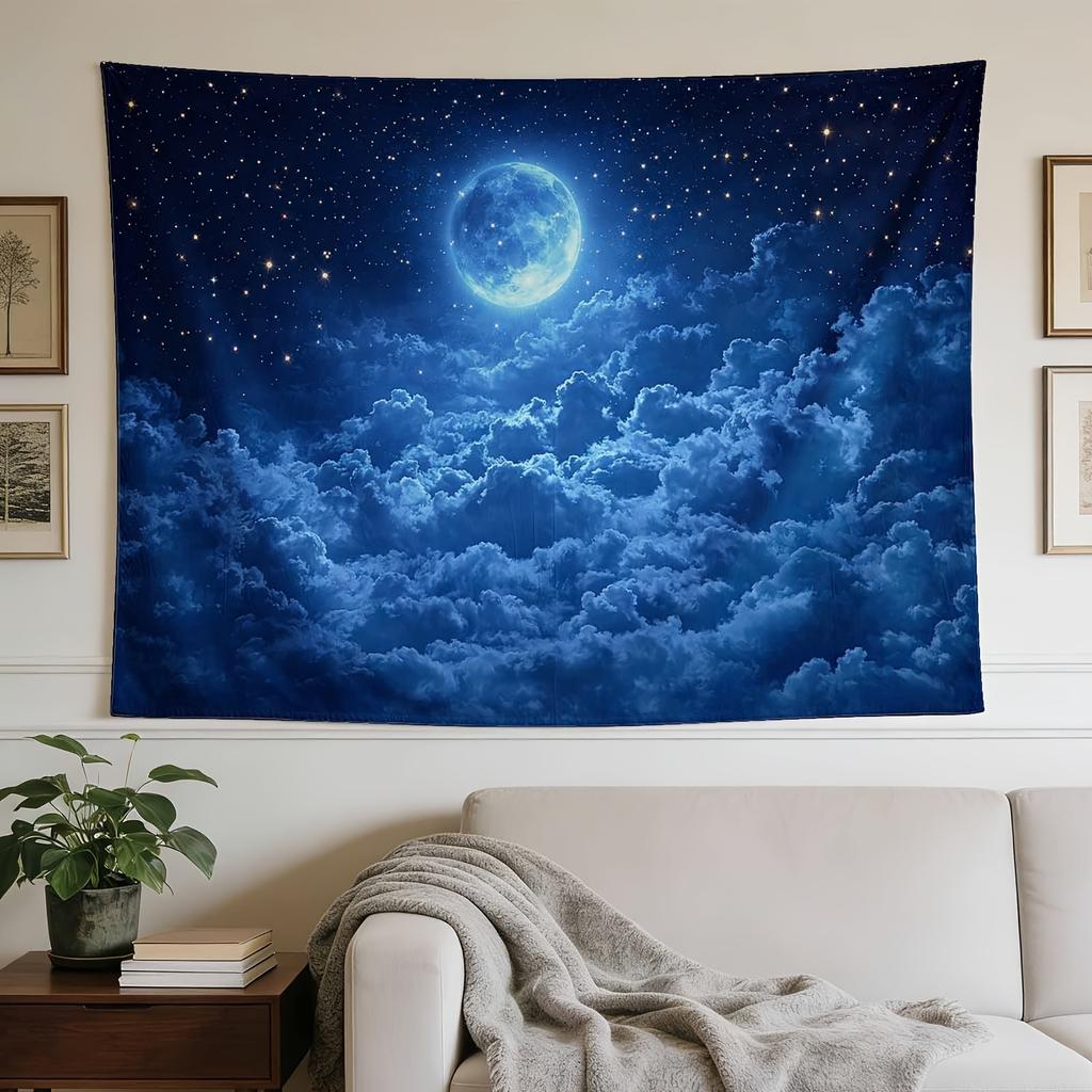 Luxurious Moon Night Sky Tapestry Wall Hanging Decor Galaxy Stars Space Cosmic Celestial Blue Backdrop for Bedroom Living Room H