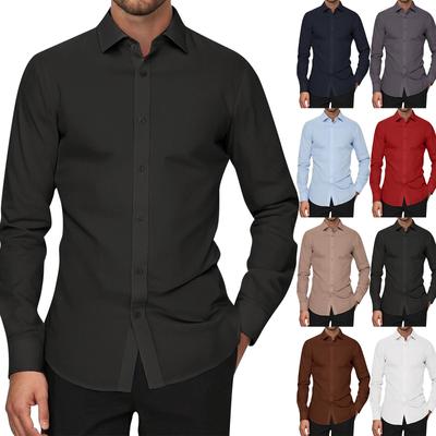 Men's Slim Fit  Casual Long-Sleeve Shirt - Solid Color Button-Down Collar Business Top
