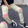 Blugi noi cu patch roz la genunchi pentru bărbați, stil ruffian, arătos, culoare galben-noroi, vechi, rupți, pantaloni lungi stil high street american