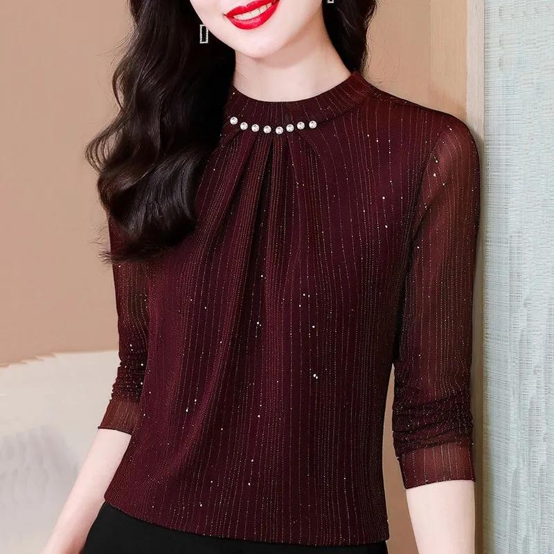 

Women s Spring/Fall Long-Sleeve Elegant Fitted Mesh T-Shirt Mom Style Bright Silk Underlayer Top 3XL фіолетовий