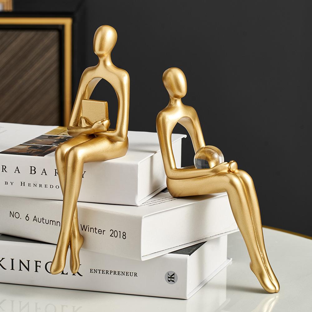 Gold Home Decor Thinker Statues Bookshelf Sculpture Decorations For Living Room Modern Figurines Shelf Table Desk Decor