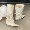 Pointed pleated thick heel trouser boots women's niche design feeling belt buckle high knight boots but knee spice girl boots