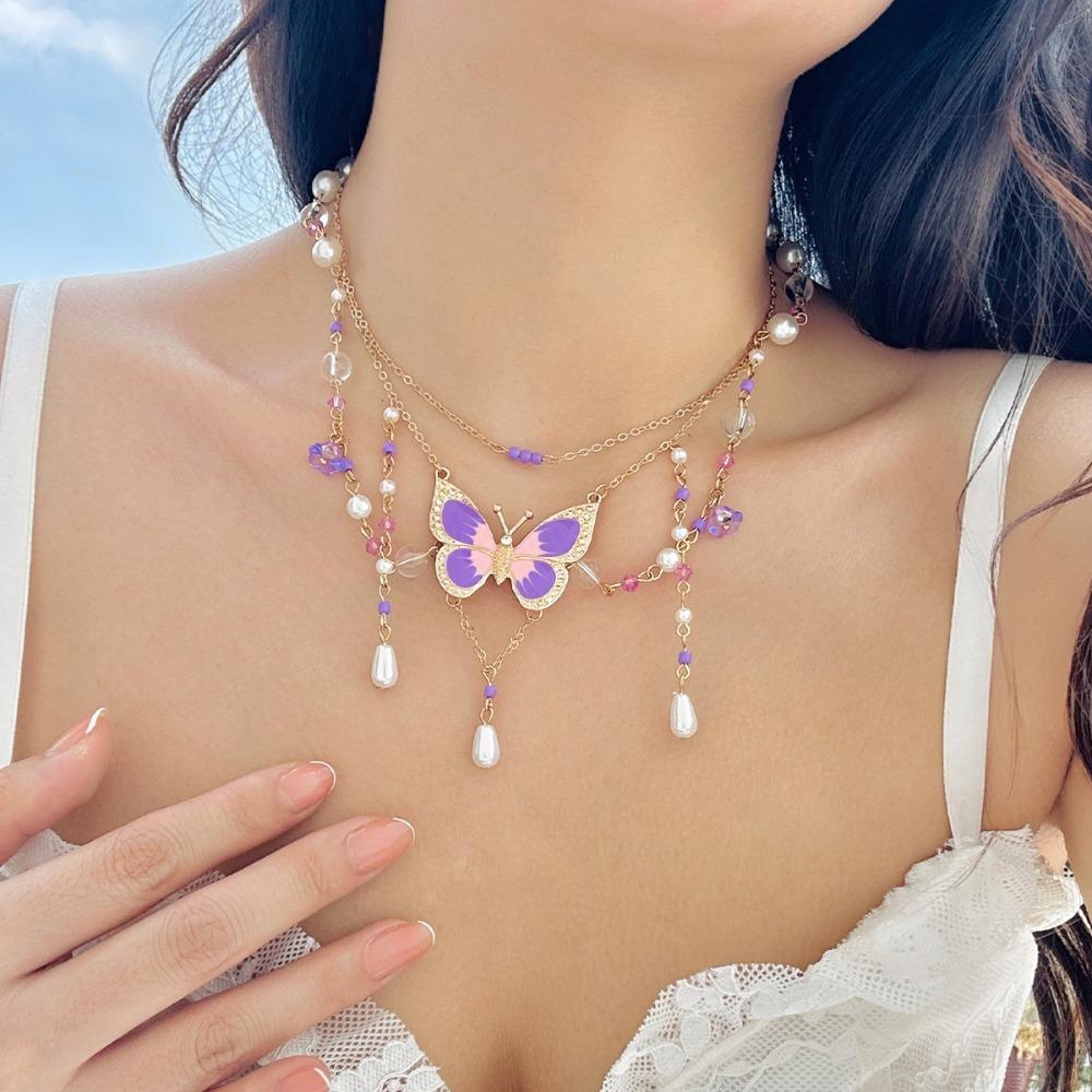 Bohemian Style Butterfly Pendant Necklace Pearl Beads Chain Choker Multilayer Necklace  Girls
