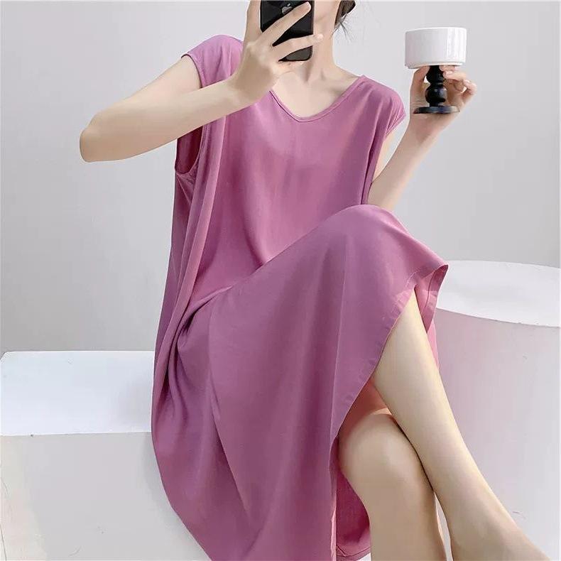 Large Size Loose Long Nightgown Simple Lazy Style Printed Sleeveless Tank Dress Sexy V-Neck V-Back Home Clothes Loungewear