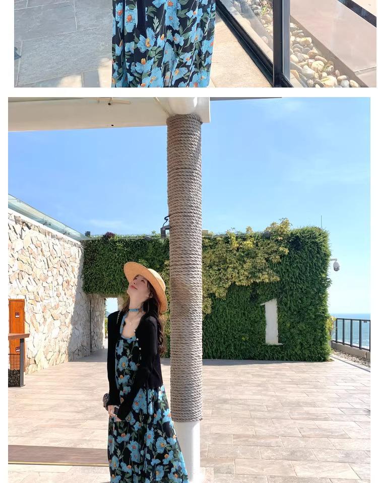 Blue Floral Strappy Chiffon Dress - Women's 2026 Summer Elegant Beach Style