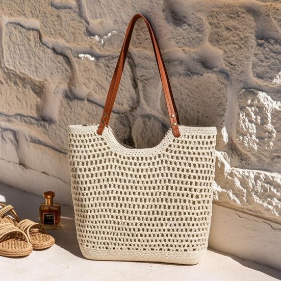 Crochet Shoulder Bag, Large Capacity Tote Bag, Lightweight Knit Handbag, Summer Beach Tote Purse for Women Holiday Commuting Daily Use