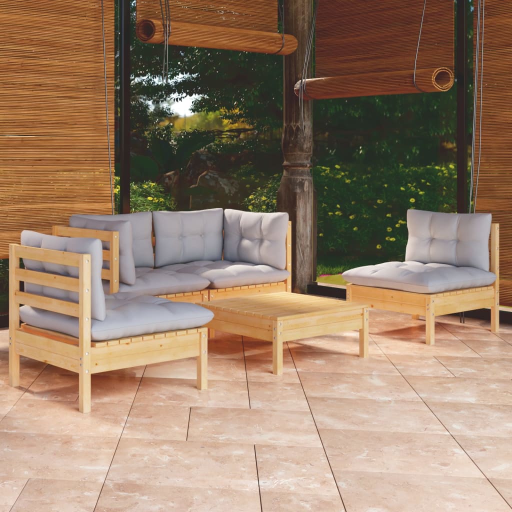 Vidaxl 5-Cz. Garden Lounge Set, Grey Cushions, Pine