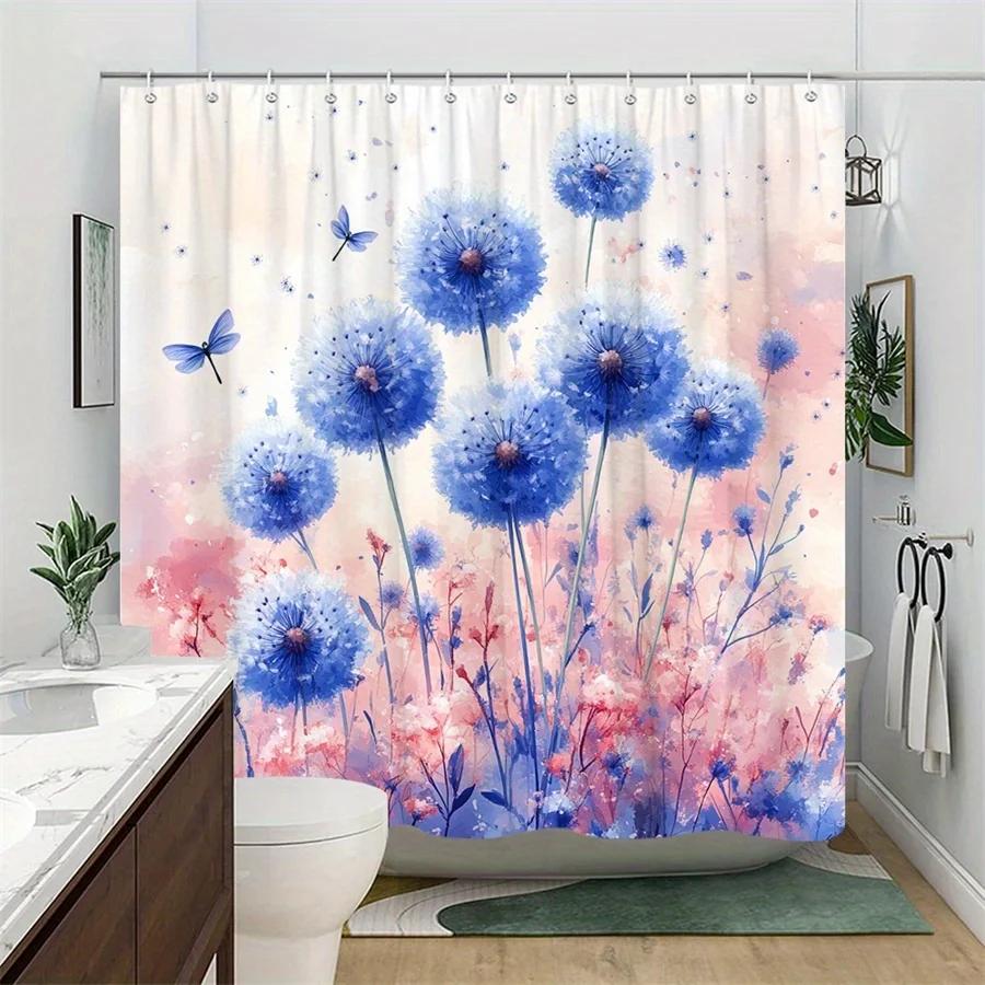 Whimsical Blue Thistle & Butterfly Shower Curtain, Ethereal Watercolor Garden Design, Pink Purple Blooms,Ideal Bathroom Decor