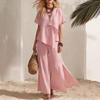 Women's Beige Short Sleeve Top and Wide Leg Pants Two Piece Set with Asymmetrical Pleat Detail