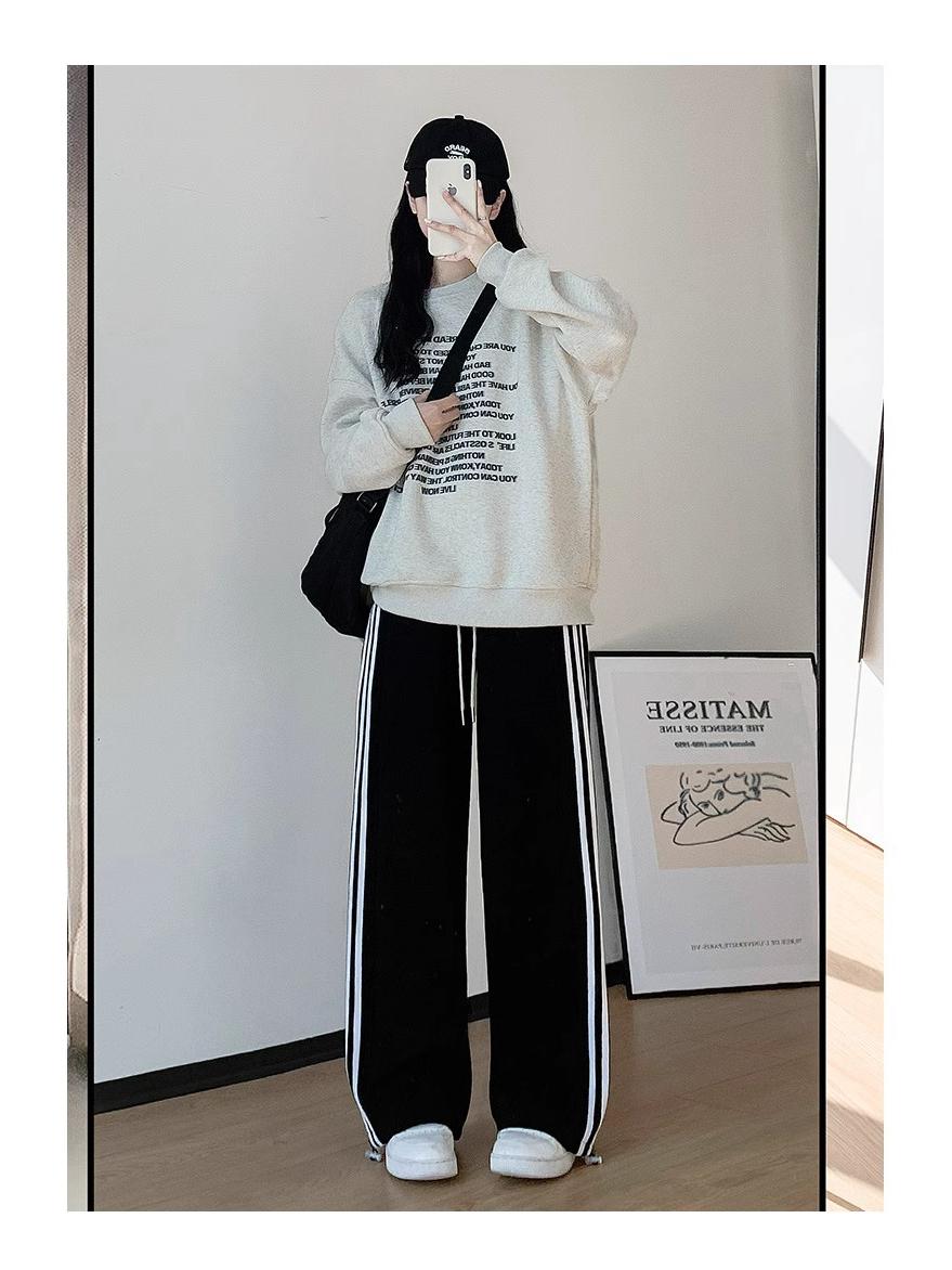 

Женские маленькие полосатые спортивные штаны с высокой талией и широкими штанинами - Бело-серые, Весенний кэжуал, Прямые штанины 2XL (131-150 jin)