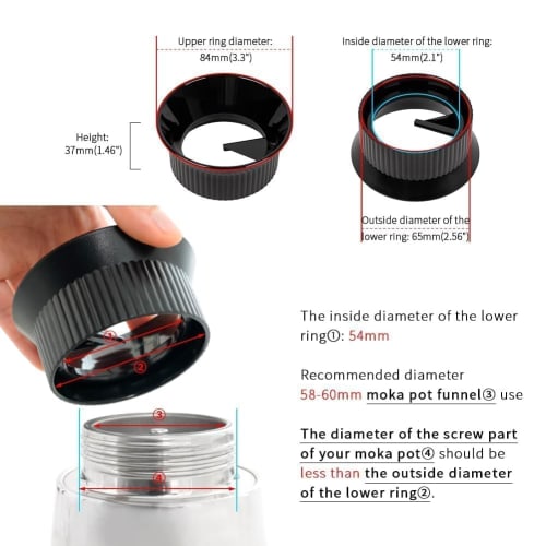 Watchget Moka Pot Dosing Funnel, 54mm Dosing Ring, for Stovetop Espresso Makers (Bricca 2-Cup, Moka Express 3-Cup), Black