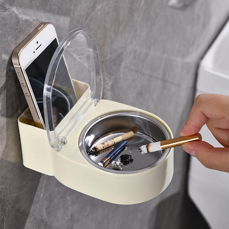 Wall-Mounted Ashtray with Lid and Phone Storage Box for Bathroom or Bedroom