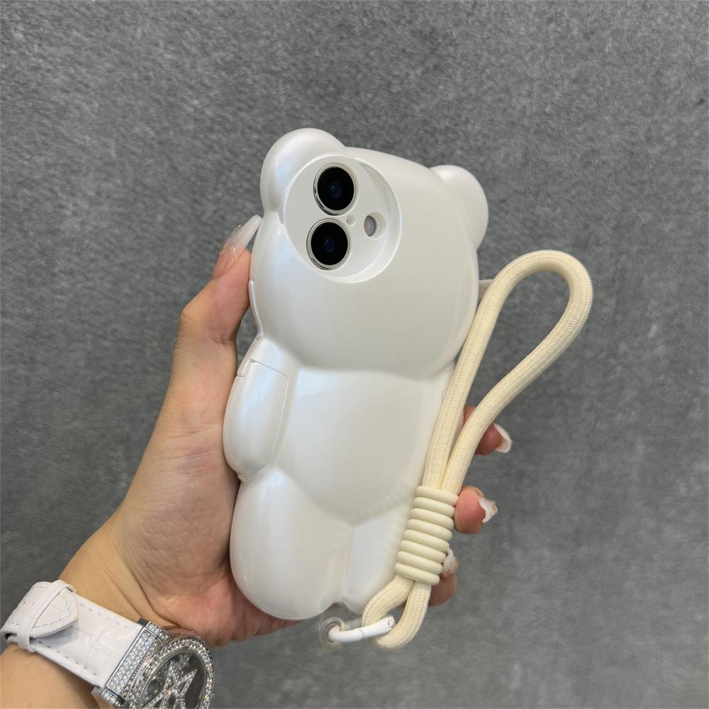 3D Cartoon Bear Wrist Chain Lanyard Phone Case for iPhone 16 15 14 13 12 11 Pro Max Plus Lovely Sweet Silicone Shockproof Cover