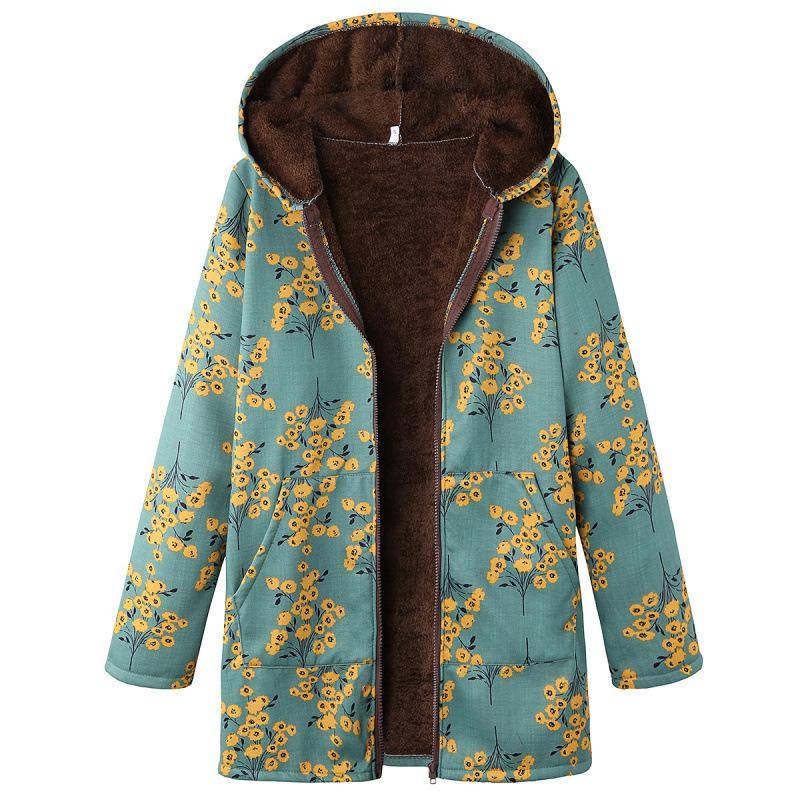 2025 European and American women's long-sleeved zipper hooded thickened composite cotton-padded coat printed medium and long cotton-padded coat